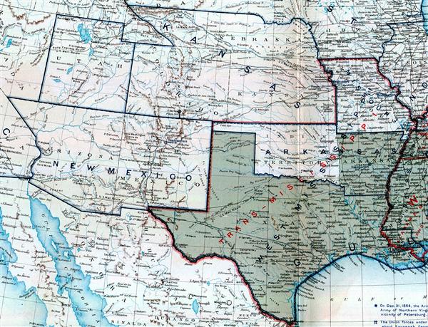 A map of the western United States of America showing the boundaries of  Union and Confederate Departments as of December 1864 (Official Records Atlas)