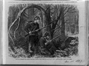 Drawing of pickets being approached by the enemy that appeared in Fank Leslie's Illustrated Newspaper Drawing of pickets being approached by the enemy that appeared in Fank Leslie's Illustrated Newspaper