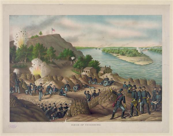 Siege of Vicksburg--13, 15, & 17 Corps, Commanded by Gen. U.S. Grant, assisted by the Navy under Admiral Porter--Surrender, July 4, 1863, created by Kurz & Allison