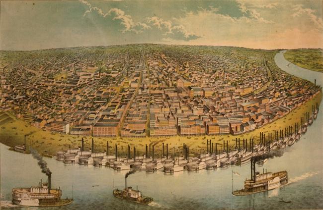 Bird's-eye view of Saint Louis, Missouri as seen from above the Mississippi River (lithograph by A. Janicke & Co.) - Library of Congress