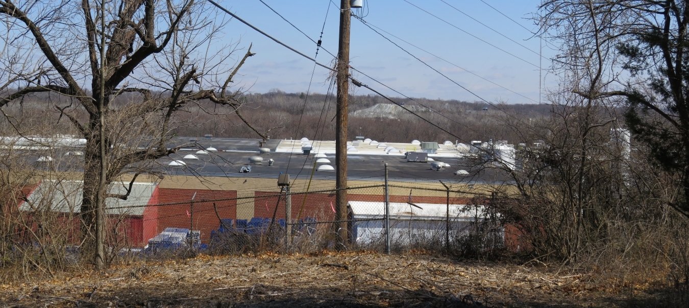 Site of Log House looking east across Pepsi Beverages Co. buildings