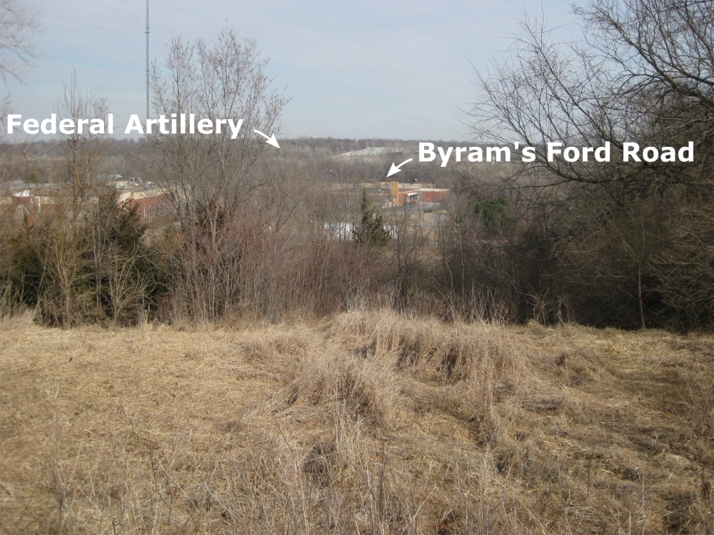 Annotated view from top of Bloody Hill looking west toward Byram’s Ford