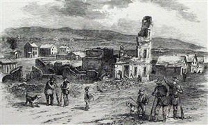 Drawing of the Free State Hotel after its destruction during the Sack of Lawrence