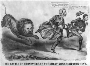 Political cartoon, 'The battle of Booneville, or the great Missouri Lyon Hunt' published by Currier & Ives in 1861. A jubilant Northern portrayal of the rout of Missouri secessionist governor Claiborne F. Jackson and Gen. Sterling Price at Booneville on June 17, 1861. Here a lion with the head of Union commander Nathaniel Lyon chases Jackson (center) and Price toward the right. Jackson, wearing a woman's skirt and bonnet, cries to Price, 'Let out! General, let out! he's getting close to us.' 'Oh Govner Jackson I'm trying all I can to hold in,' responds Price, as he clutches his stomach and rump. - Library of Congress