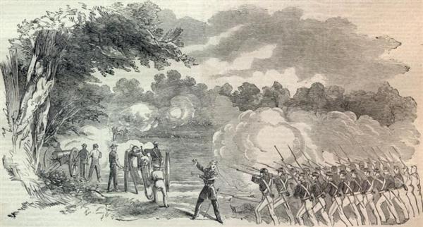 A sketch of Federal troops attacking Missouri State Guard in the Battle of Boonville on June 17, 1861 - Harper's Weekly