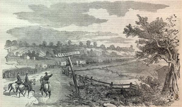 A sketch of Federal troops under the command of Brigadier-General Nathaniel Lyon leaving Boonville, Missouri in 1861 on their way to the Arkansas border - Harper's Weekly