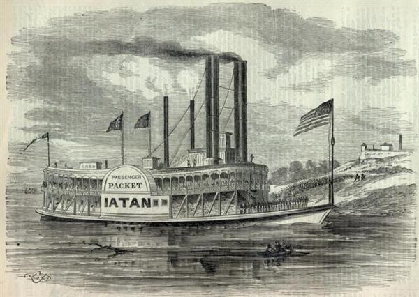 A sketch of the riverboat Iatan unloading Federal troops at Jefferson City, Missouri in June of 1861 - Harpers Weekly