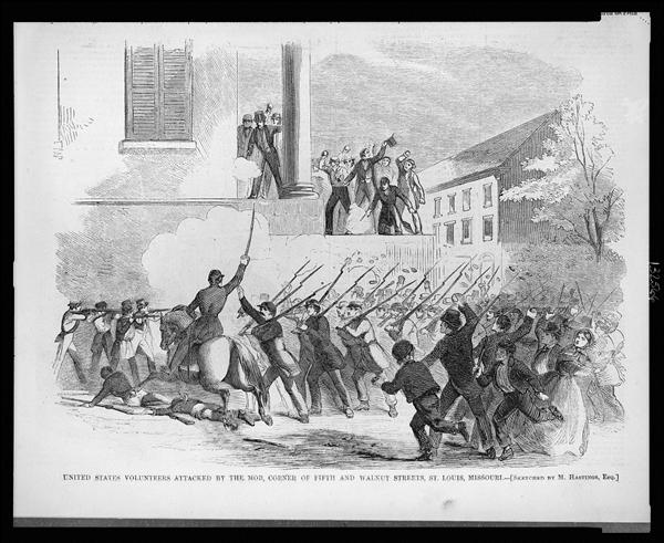 A sketch of U.S. Volunteers being attacked by a mob during the St. Louis riots in 1861 - Harpers Weekly