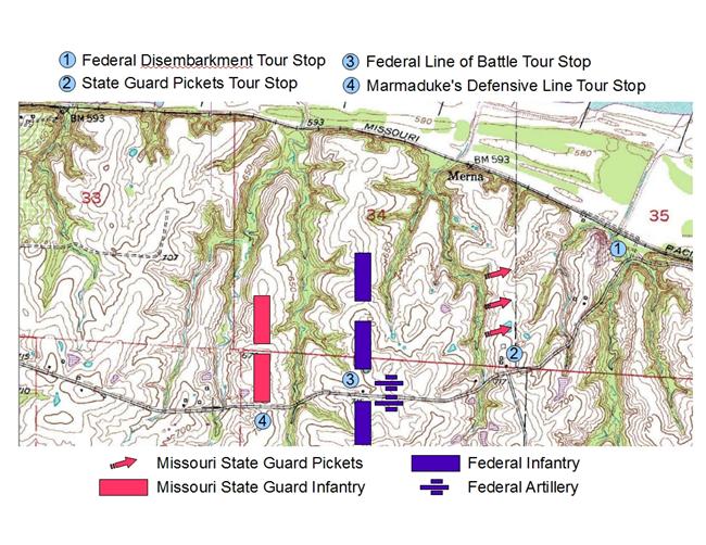 A topographic map showing approximate combatant positions during the Battle of Boonville on June 17, 1861.