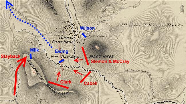 Annotated map of Confederate Assault on Fort Davidson