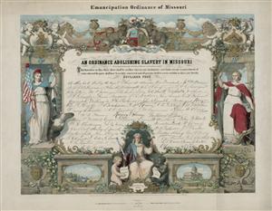 Allegorical print commemorating the ordinance providing for the immediate emancipation of slaves in Missouri that was passed on January 11, 1865 Allegorical print commemorating the ordinance providing for the immediate emancipation of slaves in Missouri that was passed on January 11, 1865