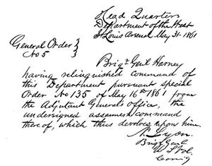 Handwritten order issued by Brigadier General Nathaniel Lyon assuming command on May 31, 1861