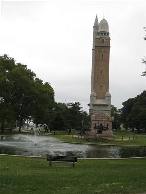 The Water Tower (background) and the Naked Truth Memorial (foreground) in Compton Hill Reservoir Park