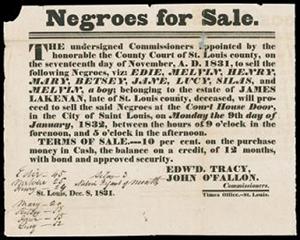 Newspaper advertisement for the January 1832 sale of slaves at the courthouse door in St. Louis, Missouri