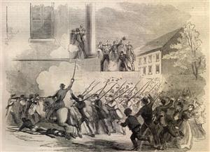 Sketch of civilian mob attacking Federal Volunteers at Fifth and Walnut Streets in St. Louis appeared in Harpers Weekly on June 1, 1861