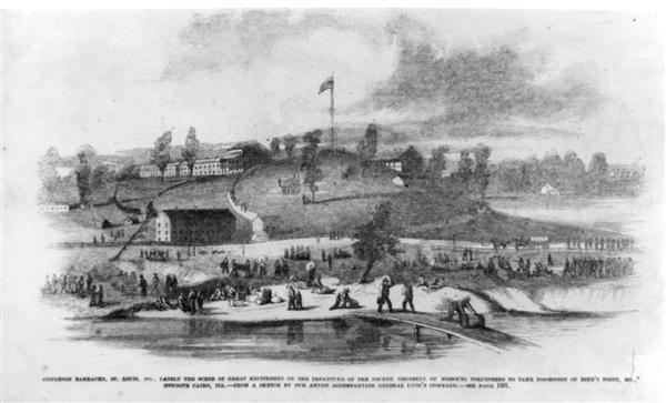 Sketch of Fourth Missouri Infantry's departure from Jefferson Barracks appeared in Frank Leslie's Illustrated Newspaper, vol. 12, no. 293 (1861 June 29), p. 106.