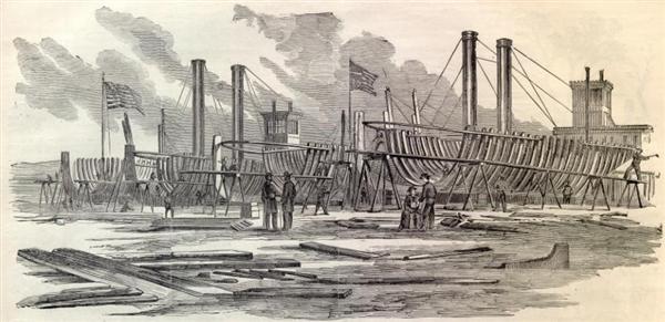 Sketch of United States Gun Boats being built in Carondelet on the Mississippi River appeared in Harper's Weekly on October 5, 1861 Sketch of United States Gun Boats being built in Carondelet on the Mississippi River appeared in Harper's Weekly on October 5, 1861