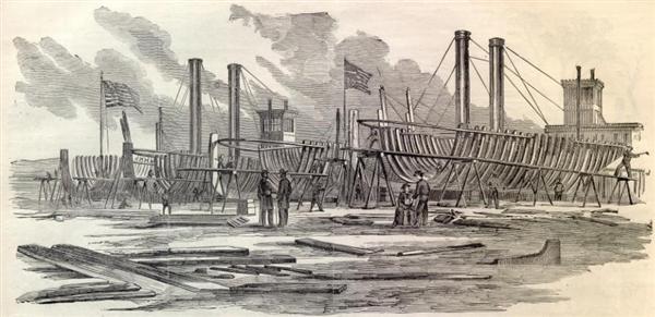 Sketch of United States Gun Boats being built in Carondelet on the Mississippi River appeared in Harper's Weekly on October 5, 1861