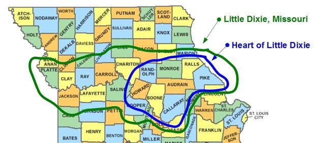 Map of  northern Missouri showing Little Dixie counties.